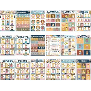 gisgfim 18 Pieces America Sign Language Poster ASL Charts ASL Education Poster for Classroom ASL Posters Sign Language for Toddlers Kids Students Classroom Decoration (Boho)