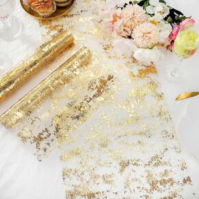 3 Pieces Gold Table Runner Gold Metallic Thin Mesh Table Runner Roll Sequin Glitter Foil Gold Runners for Table Gold Table Decorations for Wedding Baby Shower Birthday Party (11 x 84 Inches)