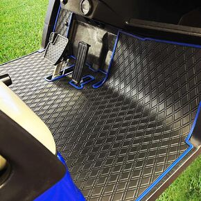 سجادة أرضية عربة الجولف Xtreme Mats متوافقة مع Yamaha Drive2، سجادة بطانة أرضية عربة الجولف ذات التغطية الكاملة - تناسب موديلات Yamaha Drive2 فقط (2017-2023) وUMAX Rally 4x4 - أسود مع زخرفة زرقاء