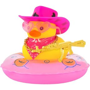 wonuu Rubber Duck Car Ornaments Yellow Duck Car Dashboard Decorations for Cute Car Accessories with Cowboy Hat Necklace and Sunglasses Swim Ring, Light Pink Hat