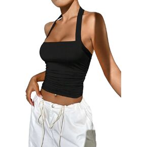 SOLY HUX Women's Ruched Halter Top Backless Sleeveless Fitted Crop Cami Tops Summer Camisole