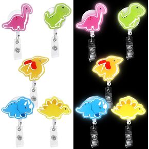 5 PCS Dinosaur Badge Reels, Glow in The Dark Nurse ID Badge Holder Retractable Clip Cute, Acrylic Luminous Pediatric Badge Reel for Doctor Teacher Office School Gifts