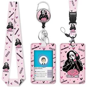 LIN KANG Pink Ghost Face Lanyards for ID Badges and Keys, Badge Reel Retractable Heavy Duty with 360° Swivel Carabiner Clip
