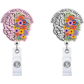 2P Mental Health Matters Black Retractable Badge Reel with ID Clip Name Tag Card Gift for Nurses Doctor Brain Neurologist Medical Office Social Worker Alligator Clip