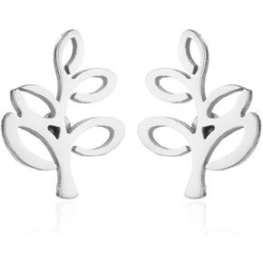 Minimalist Leaf Tree of Life Small Little Stud Earrings Stainless Steel for Women Teen Girls Cute Cartilage Pierced Hypoallergenic Tiny Huggie Sleeper Studs Earring Fashion Jewelry Gifts