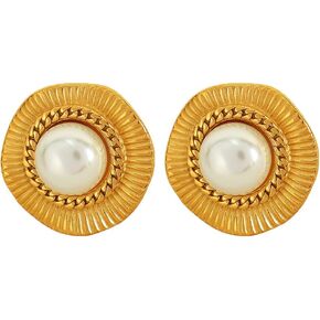 Kokoma Pearl Bohemian Statement Stud Earrings for Women Girls Stainless Steel Circle Round Disc Big Earrings Hypoallergenic 18K Gold Plated Fashion Ear Jewelry Gifts
