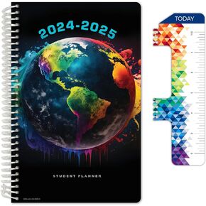 Global Datebooks Dated Middle School or High School Student Planner for Academic Year 2024-2025 includes Ruler/Bookmark and Planning Stickers (Block Style - 5.5"x8.5" - Painted Globe)