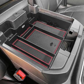 Center Console Organizer Compatible with 2019-2022 Chevy Silverado/Sierra 1500 and 2020-2023 Silverado/Sierra 2500HD 3500HD Accessories Armrest Full Size Tray,Full Console w/Bucket Seats ONLY,Red