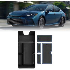 FIILINES Center Console Organizer Compatible with Toyota Camry 2025 Console Tray Secondary Armrest Storage Box ABS Insert Container Accessories with Blue Mats and Black Mats