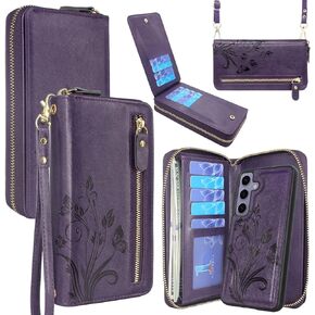 محفظة Lacass لهاتف Samsung Galaxy S24+ Plus 6.7 بوصة 2024، محفظة جلدية مغناطيسية مزدوجة بسحاب قابل للفصل وغطاء معصم وحزام معصم و13 فتحة للبطاقات وجيب للنقود (زهري أرجواني داكن)