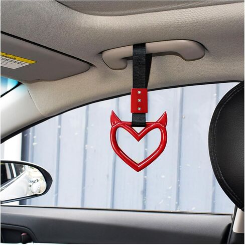 2 PCS Heart Shaped Handle Rings, Devil Heart Car Handle Hand Strap, Auto Rear Bumper Warning Drift Charm Rings (Black) in Saudi Arabia