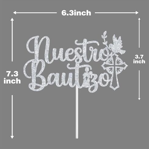 Nuestro Bautizo Cake Topper, First Holy Communion Decoration, Christian Baptism Day, Bridal Shower/Wedding/Baptism/Christening Baby Shower Party Decorations, Silver Glitter in Kuwait