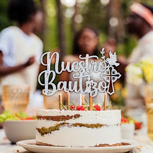 Nuestro Bautizo Cake Topper, First Holy Communion Decoration, Christian Baptism Day, Bridal Shower/Wedding/Baptism/Christening Baby Shower Party Decorations, Silver Glitter in Kuwait