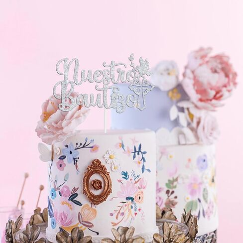 Nuestro Bautizo Cake Topper, First Holy Communion Decoration, Christian Baptism Day, Bridal Shower/Wedding/Baptism/Christening Baby Shower Party Decorations, Silver Glitter in Kuwait