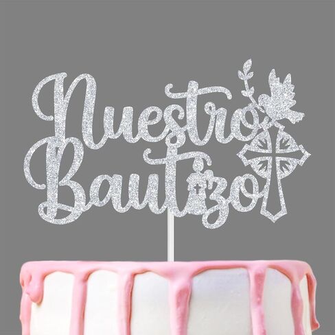 Nuestro Bautizo Cake Topper, First Holy Communion Decoration, Christian Baptism Day, Bridal Shower/Wedding/Baptism/Christening Baby Shower Party Decorations, Silver Glitter in Kuwait