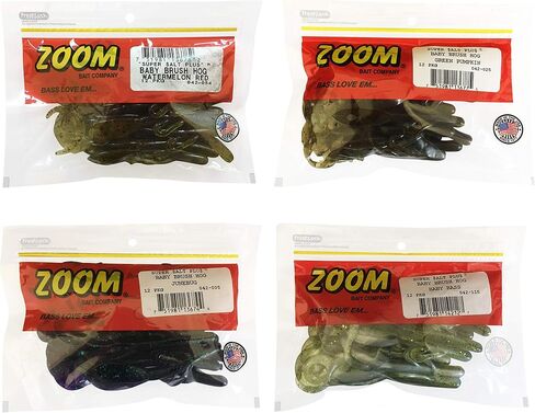 Bundle: Zoom Baby Brush Hog Bait Lures - 5 1/4" Watermelon Red 12 Pack, 5 1/4" Green Pumpkin 12 Pack, 5 1/4" June Bug 12 Pack and 5 1/4" Baby Bass 12 Pack in Saudi Arabia