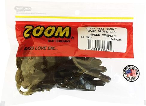 Bundle: Zoom Baby Brush Hog Bait Lures - 5 1/4" Watermelon Red 12 Pack, 5 1/4" Green Pumpkin 12 Pack, 5 1/4" June Bug 12 Pack and 5 1/4" Baby Bass 12 Pack in Saudi Arabia