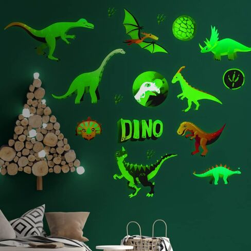 ملصقات جدار الديناصورات المضيئة الإبداعية مجموعة ملصقات الديناصورات الكرتونية المضيئة، مناسبة لغرفة النوم وغرفة المعيشة، مناسبة لعيد الميلاد وهدايا عيد الميلاد للفتيات والفتيان in Kuwait