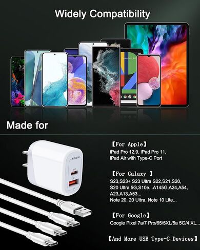 شاحن Samsung S24 USB C شحن سريع لهاتف iPhone 15 Pro Max 15Pro Plus، شاحن حائط USBC + كابل USB-C لأجهزة Android Samsung Galaxy S24 S23، Google Pixel 8 Pro 7، سلك كتلة شاحن USB C مزدوج المنفذ in Kuwait