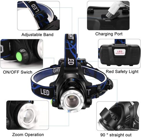 Super Bright Headlamp, USB Rechargeable Led Head Lamp, IPX4 Zoomable Waterproof Headlight with 4 Modes, Hard Hat Light Perfect for Camping, Hiking, Outdoors, Hunting, Running in Saudi Arabia