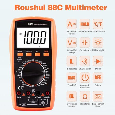 جهاز قياس رقمي متعدد RuoShui 88C صحيح RMS 1000 فولت تيار متردد/تيار مستمر، جهاز قياس التيار المتردد/تيار مستمر، اختبار مقاومة الحث، السعة الثنائية، الصمام الثلاثي، اختبار استمرارية التردد، مقياس درجة الحرارة المتعدد مع إضاءة خلفية عالية الدقة in Saudi Arabia