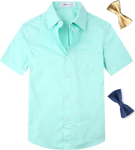 Aimehonpe Boys Short Sleeve Dress Shirts Solid Poplin Soft Stretch Fabrics with Two Bow Tie Set in Kuwait