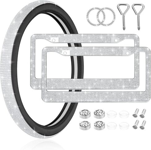 SAVORI Luxury Diamond Steering Wheel Cover 15 Inch Bedazzled Crystal Bling License Plate Frame Ring Emblem Sticker Car Accessories Set (White, 2 Pack License Plate Frames) in Saudi Arabia