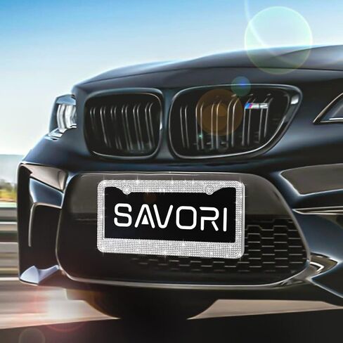 SAVORI Luxury Diamond Steering Wheel Cover 15 Inch Bedazzled Crystal Bling License Plate Frame Ring Emblem Sticker Car Accessories Set (White, 2 Pack License Plate Frames) in Saudi Arabia