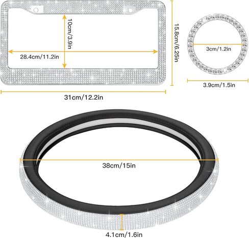 SAVORI Luxury Diamond Steering Wheel Cover 15 Inch Bedazzled Crystal Bling License Plate Frame Ring Emblem Sticker Car Accessories Set (White, 2 Pack License Plate Frames) in Saudi Arabia