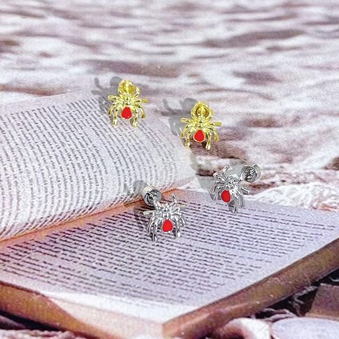 Punk Spider Sleeper Tiny Stud Earrings for Women Men Girls Cartilage Stainless Steel Red Enamel Animal Screw Flat Back Tragus Helix Studs Earring Personalized Jewelry Gifts Halloween 18G in Saudi Arabia