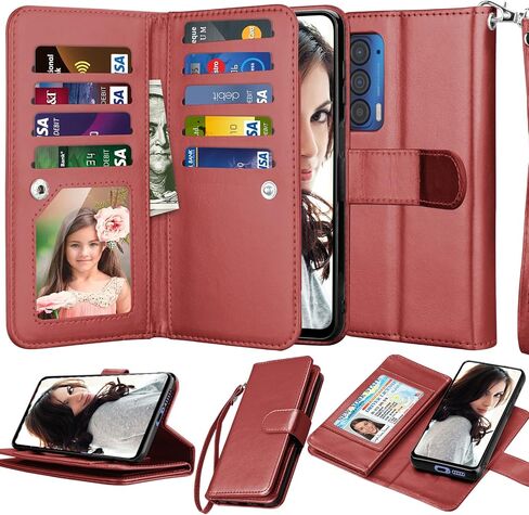 Njjex for Moto Edge 2021 Case, for Motorola Moto Edge 5G UW Wallet Case, [9 Card Slots] PU Leather ID Credit Holder Folio Flip [Detachable] Kickstand Magnetic Phone Cover & Lanyard [Black] in Saudi Arabia