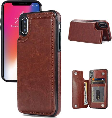 iPhone X/XS Wallet Case, iPhone X/XS Case with Credit Card Holder, Slim PU Leather Case with Card Slots, Protective Case with a Screen Protective Glass for iPhone X/XS 5.8 inch-Black in Kuwait