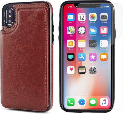 iPhone X/XS Wallet Case, iPhone X/XS Case with Credit Card Holder, Slim PU Leather Case with Card Slots, Protective Case with a Screen Protective Glass for iPhone X/XS 5.8 inch-Black in Kuwait