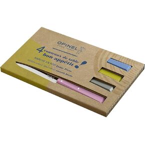 Opinel رقم 125 سكاكين طاولة، مجموعة مكونة من 4 قطع، سكاكين عشاء من الفولاذ عالي الكربون للحفلات أو الترفيه أو الاستخدام اليومي، مقابض شعاع قرن مطلية، صنع في فرنسا (الريف)