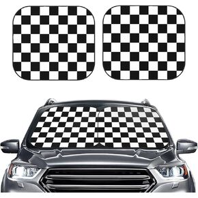 White Race Checkered Flag Pattern Foldable Car Windshield Sun Shade 2 Piece Front Window Sunshades Cover for Most Sedans SUV Truck, Auto Visor Protector Blocks S - 28.9 x 23.4 in