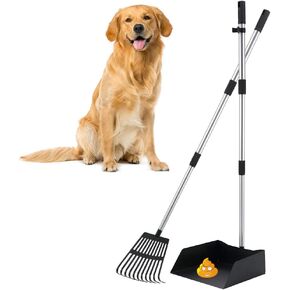 BINGPET Pooper Scooper for Large & Small Dogs, Adjustable Long Handle Dog Pooper Scoopers with Metal Poop Tray and Rake Set, Heavy-Duty Clean Tools for Pet Waste, Yard Dirt, Grass