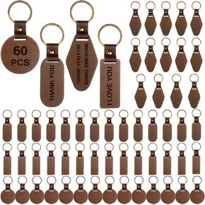 60 PCS Blank Wooden Keychains Leather Keychains Blank Wooden Keychain Unfinished Rectangle Oval Round Wood Tags with Leather Strap Keyring for Engraving Blanks DIY Craft