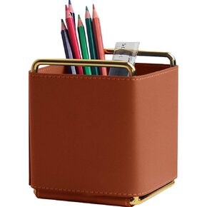 Leather Pencil Holder Desktop Organizer Iron Art Desktop Makeup Brush Remote Control Storage Box Office Pen Holder for Desk Blue
