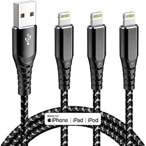 MenoSupp MFi Certified iPhone Charger Lightning Cable 3 Pack 6ft Nylon Braided Cable iPhone Charger Fast Charging Cord Compatible with iPhone 14 13 12 11 Pro Max XR XS X 8 7 6 Plus SE and More in Kuwait
