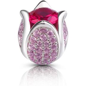 GNOCE Tulip Flower Charms Bead Sterling Silver Perfect Love Bracelet Charms With Ruby and Pink Cubic Zirconia fit for Bracelet/Necklace Women Girls