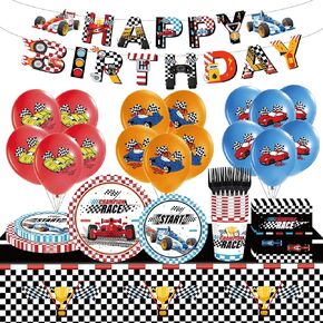 98PCS Race Car Birthday Party Supplies Racing Party Tableware Set Include Checkered Flag Race Car Paper Plates and Napkins Dinnerware Set Banner Balloons Racing Car Theme Party Decorations Serve 16