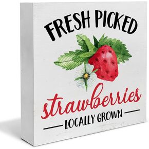 Farmhouse Strawberry Wood Box Sign Art Desk Decor 5"x5" Watercolor Strawberries Wood Block Sign Decor for Home Kitchen Tabletop Shelf Wall