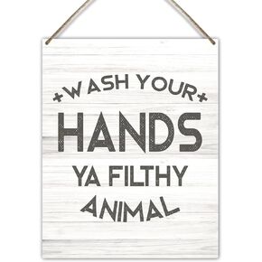 rizotus Bathroom Decor Sign Wall Hanging Plaque, Wash Your Hands You Filthy Animal - Toilet Sign for Home Office Restroom Door Shelf Decor Wall Art, Housewarming Gift New Home for Women Wife Mom -a01