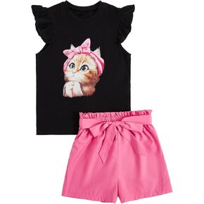 Floerns Girls 2 Piece Outfit Ruffle Trim Tee Top with Paperbag Waist Shorts Set