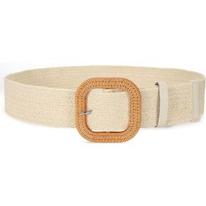 SANSTHS Womens Wide Elastic Belt, Boho Straw Braided Belt for Dresses Jeans Coats with Square Buckle
