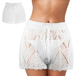 VALICLUD Crochet Shorts Beach Shorts Hollow Out Cover Up Shorts Knit Bathing Suit Bikini Swimsuit Beachwear Size S White