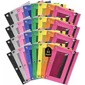 VICNOVA 32 Pack Pencil Pouch for 3 Ring Binder, Pencil Pouch Bulk in Assorted Colors for Storing School Supplies, Writing Utensils, Binder Pencil Bags with Zipper