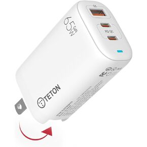 65W USB C Charger TETON ELECTRONICS, 3-Port Fast GaN Charger Block,Foldable Wall Charger Laptop Charger for MacBook Pro/Air, Dell XPS, iPhone 15 Pro Max/14/13, iPad Pro, Galaxy S23/S22, Steam Deck