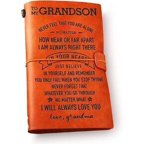 to My Grandson Leather Journal Notebook from Grandma - Never Feel That You are Alone Leather Travel Journal - Inspirational Embossed Writing Journal Gift for Birthday Graduation Christmas