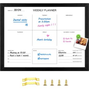 Dry Erase Board Weekly Planner, 17"x13" Magnetic Surface Weekly Whiteboard Calendar for Wall, Modern Design Black Wooden Frame Dry Erase Board, Personal Care & Habits Tracker (ZLBB-BK-4333)